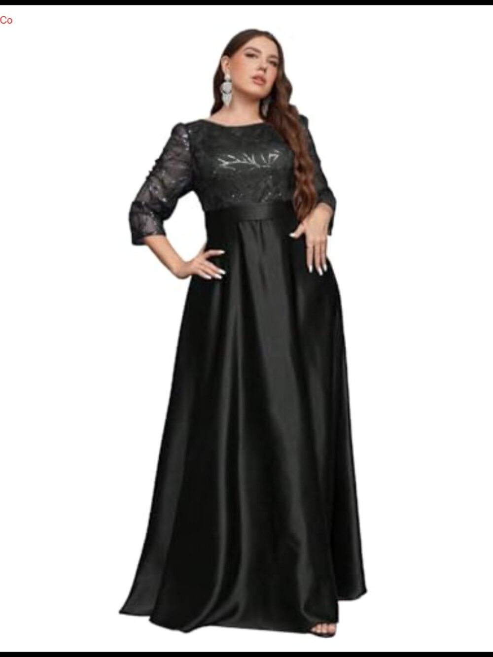 Plus Size Sequin Embellished Satin A-Line Hem 3/4 Sleeve Formal Evening Maxi